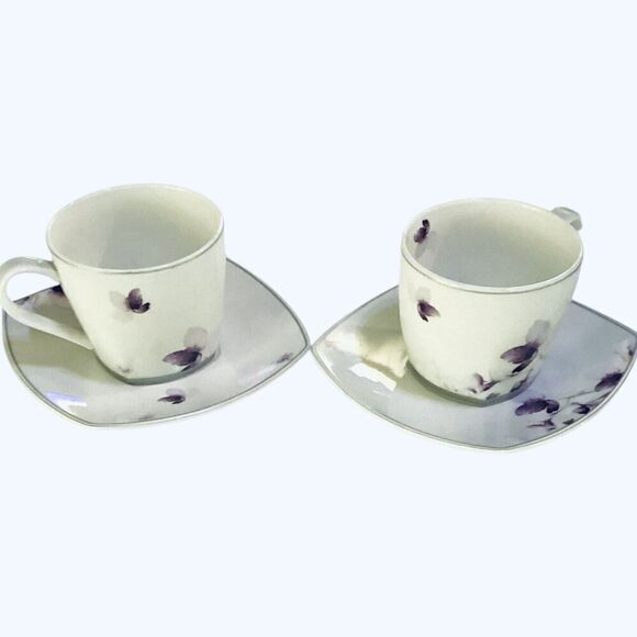 Nano Cups & Saucers Purple Floral Coffee Tea Dinnerware Set Of 2 - Picture 7 of 8